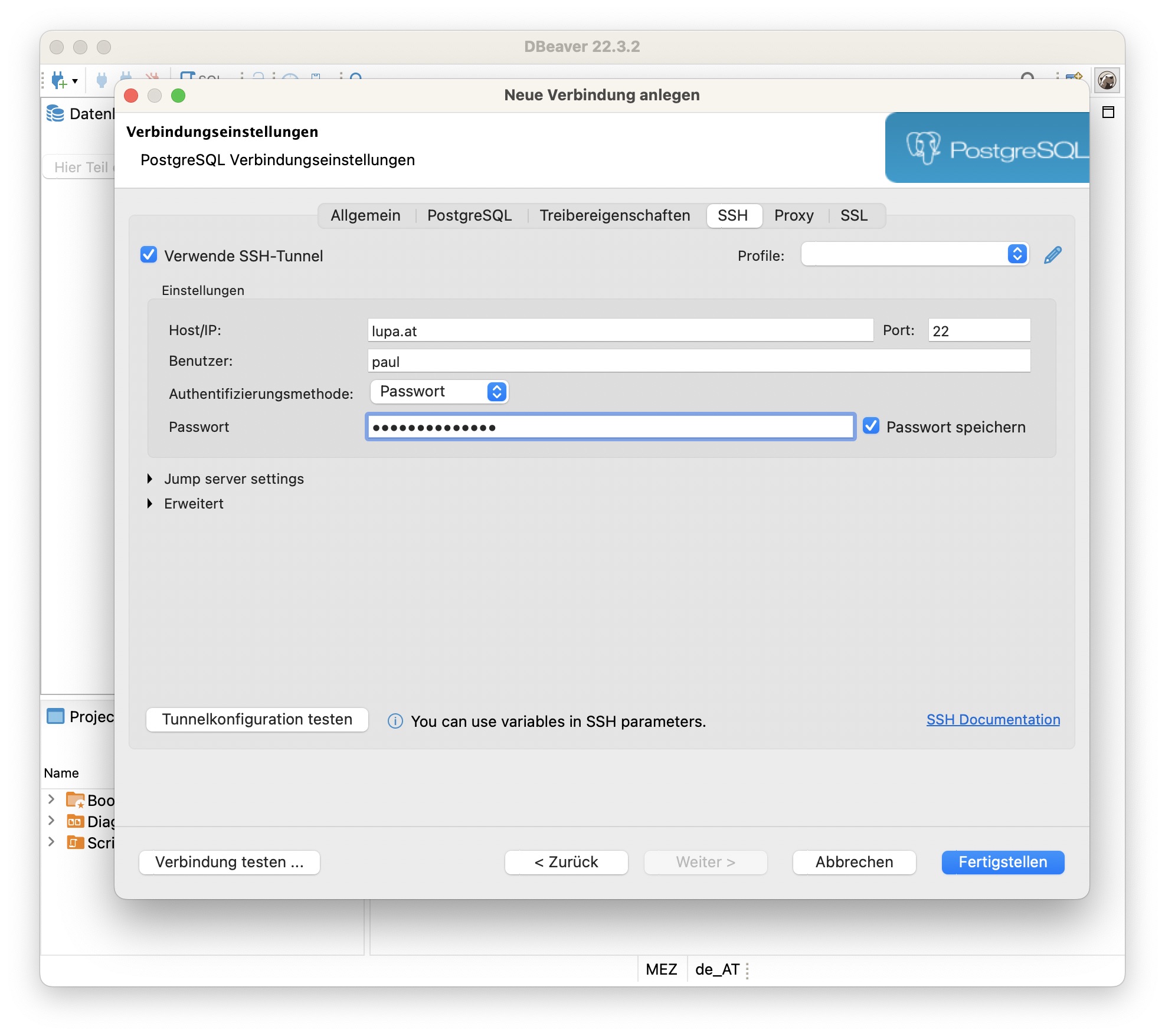 Bildschirmfoto vom Reiter "SSH" in den Verbindungseinstellungen