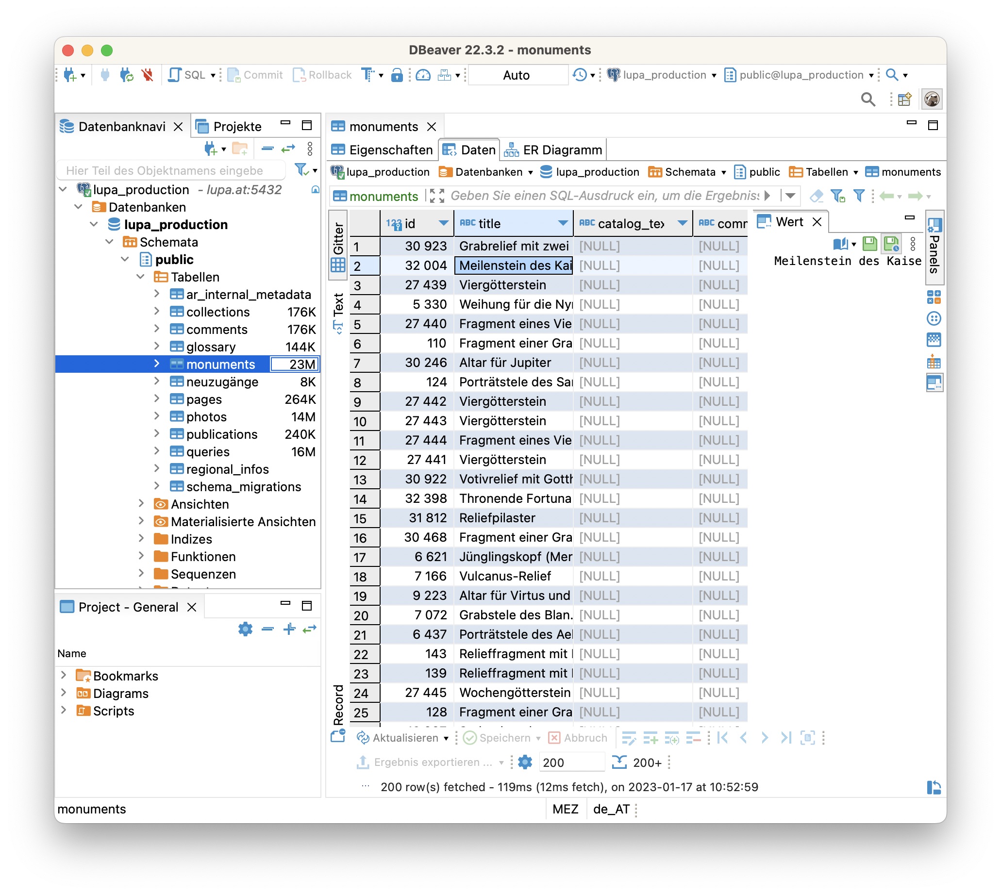 Bildschirmfoto der "monuments"-Tabelle in DBeaver